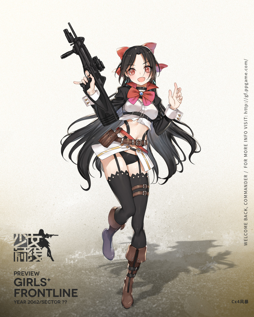 1girl, ammunition_pouch, belt, beretta_cx4_storm, black_hair, black_jacket, black_panties, black_thighhighs, blouse, blue_gem, boots, bow, bowtie, breasts, brown_boots, carbine, choker, collar, copyright_name, crop_top, cropped_jacket, cx4_storm_(girls'_frontline), earrings, fang, female_focus, foregrip, full_body, garter_straps, gem, girls'_frontline, gun, haijin, hair_bow, hair_ribbon, hand_up, high_collar, highres, holding, holding_gun, holding_weapon, jacket, jewelry, knee_boots, logo, long_hair, long_sleeves, looking_at_viewer, medium_breasts, midriff, miniskirt, navel, official_art, open_clothes, open_mouth, open_skirt, panties, parted_bangs, pinky_out, pistol-caliber_carbine, pouch, red_bow, red_bowtie, red_eyes, red_ribbon, revealing_clothes, ribbon, rifle, shirt, sidelocks, skirt, sleeve_cuffs, smile, solo, standing, standing_on_one_leg, stomach, strap, stud_earrings, submachine_gun, thigh_strap, thighhighs, trigger_discipline, underbust, underwear, utility_belt, very_long_hair, weapon, white_shirt, wrist_cuffs