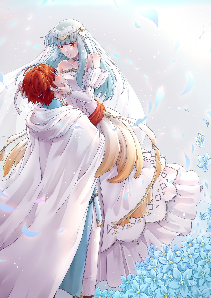 1boy, bare_shoulders, blue_hair, bouquet, bridal_veil, bride, cape, couple