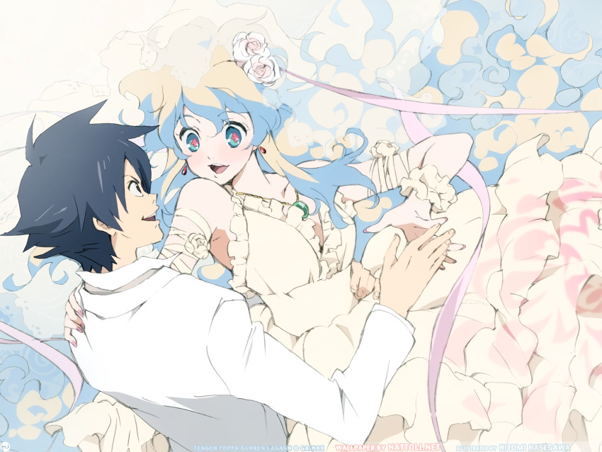 +_+, 00s, 1boy, 1girl, blue_hair, bridal_veil, bride, couple