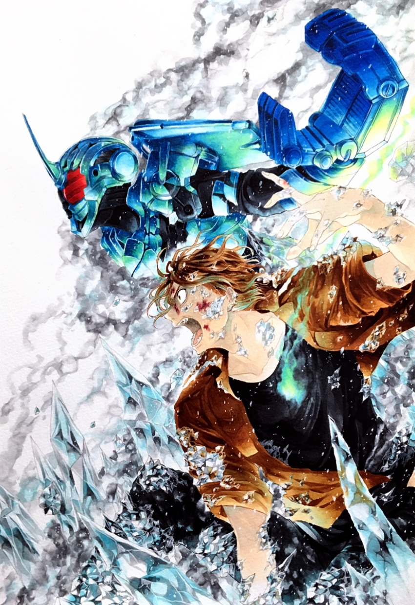 1boy, absurdres, black_shirt, blood, blood_on_face, blue_fire, brown_hair, dual_persona, fire, highres, horns, ice, jacket, kamen_rider, kamen_rider_build_(series), kamen_rider_grease, male_focus, pincers, profile, ruchi_(nxje5533), sawatari_kazumi, screaming, shirt, shoulder_pads, single_horn, steam