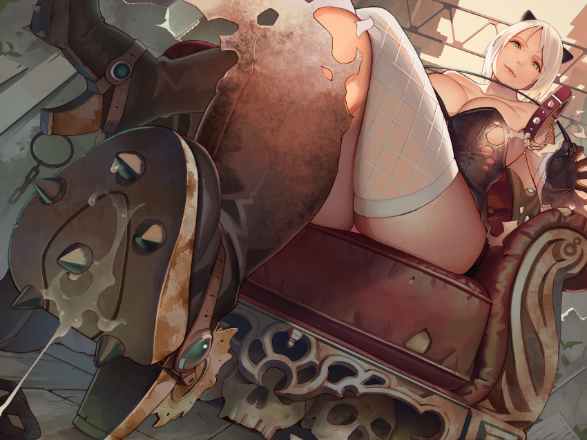 1girl, bare_shoulders, black_gloves, breasts, chain, chair, cleavage, closed_mouth, collar, crossed_legs, cum_on_shoes, demon_girl, dutch_angle, female_focus, femdom, from_below, gloves, high_heels, highres, indoors, large_breasts, looking_at_viewer, muk_(monsieur), original, riding_crop, shoe_soles, shoes, short_hair, skull, solo, spiked_shoes, spikes, spurs, suggestive_fluid, thighhighs, unworn_collar, white_hair, white_thighhighs