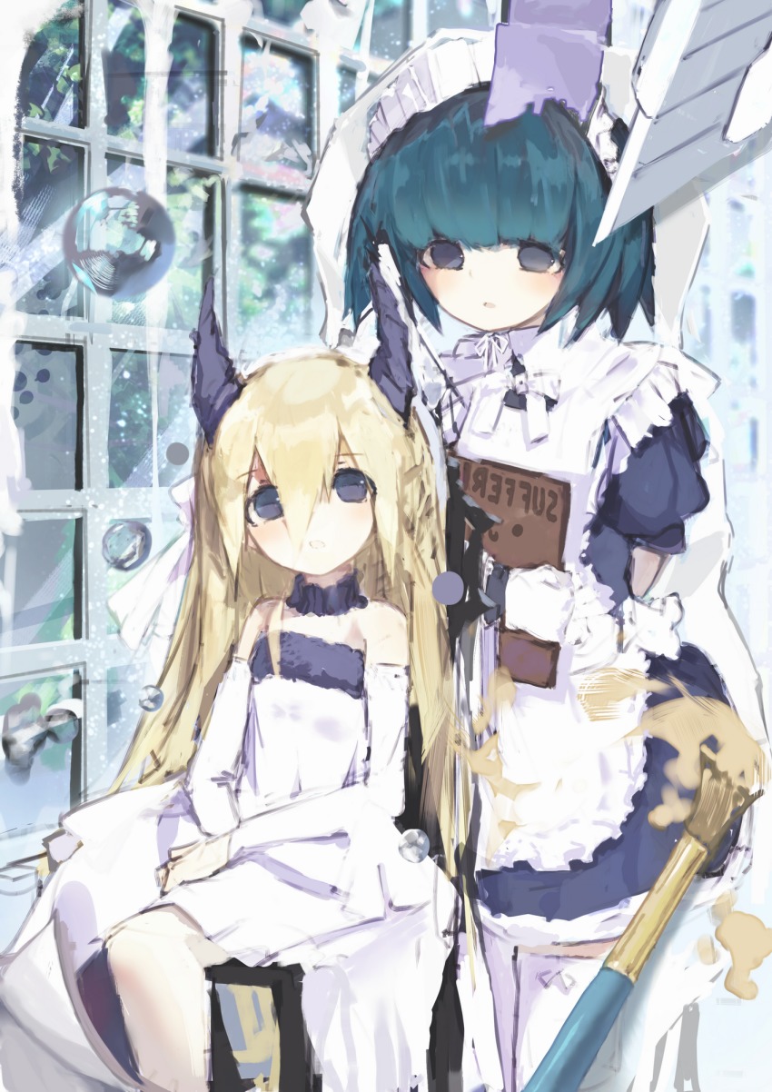 2girls, apron, areks, artist_collaboration, bare_shoulders, black_eyes, black_hair, blonde_hair
