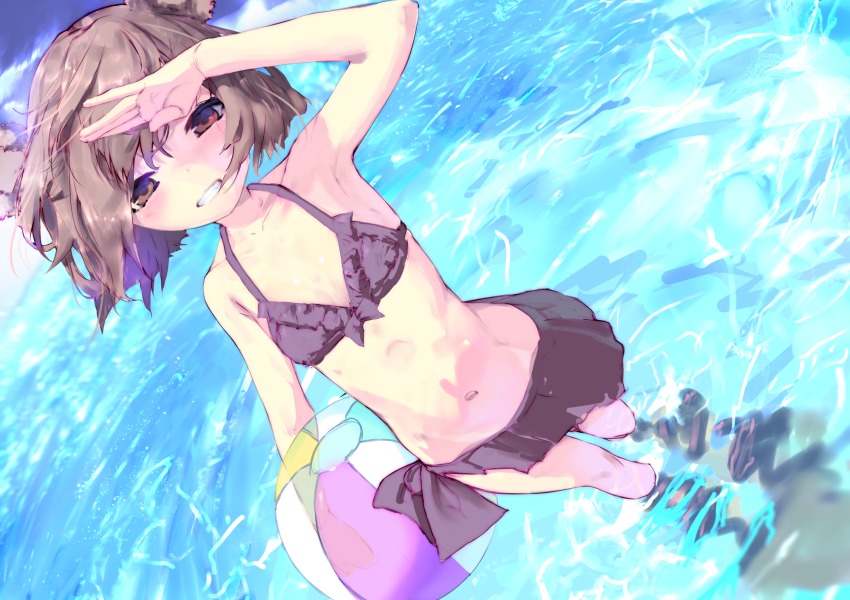 1girl, animal_ears, areks, arm_up, armpits, ball, bare_arms, bare_shoulders, beach, beachball, bear_ears, bikini, bikini_skirt, blue_sky, breasts, brown_eyes, brown_hair, collarbone, commission, day, female_focus, grin, highres, looking_at_viewer, miniskirt, navel, ocean, original, outdoors, perspective, short_hair, skirt, sky, small_breasts, smile, solo, summer, swimsuit, water