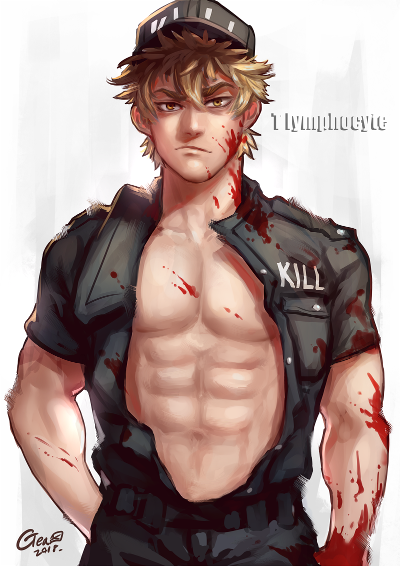 10s, 1boy, abs, baseball_cap, blonde_hair, blood, blood_on_clothes, blood_on_face