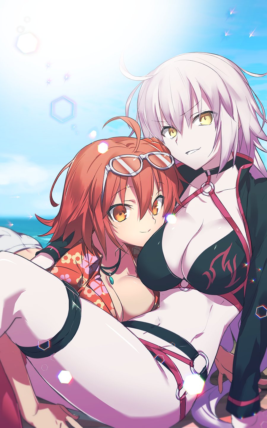 2girls, ahoge, all_fours, alternate_costume, arm_support, bikini, bikini_under_clothes, breasts, cleavage, eyewear_on_head, fate/grand_order, fate_(series), flame_print, fujimaru_ritsuka_(female), fujimaru_ritsuka_(female)_(tropical_summer), groin, hawaiian_shirt, head_on_chest, highres, hinotta, jeanne_d'arc_alter_(swimsuit_berserker)_(fate), jeanne_d'arc_(fate), jeanne_d'arc_alter_(fate), jewelry, large_breasts, lens_flare, multiple_girls, navel, necklace, o-ring, o-ring_bikini, official_alternate_costume, orange_eyes, orange_hair, shirt, short_hair, shrug_(clothing), smile, swimsuit, swimsuit_under_clothes, thighs, tropical_summer_(fate), white_hair, yellow_eyes