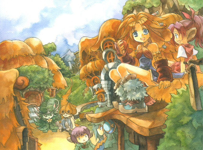 1boy, 3girls, animal_ears, apple, arm_support, arm_warmers, bad_id, bad_pixiv_id, boots, bud_(lom), building, bush, creature, day, duelle, elazul, expressionless, fantasy, food, fruit, fur, grass, green_hair, hair_ornament, halterneck, house, imu, imu_(lom), kouno_hikaru, legend_of_mana, lisa_(lom), long_hair, looking_at_viewer, multiple_girls, orange_hair, outdoors, painting_(medium), ponytail, purple_hair, road, rooftop, seiken_densetsu, short_hair, sitting, sky, smile, sproutling, tan, traditional_media, tree, village, watercolor_(medium)