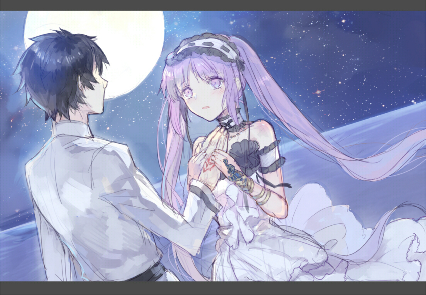 1boy, 1girl, bare_shoulders, black_hair, black_outline, black_ribbon, board_game, branded, chaldea_uniform, choker, dress, eye_contact, fate/grand_order, fate/hollow_ataraxia, fate_(series), fujimaru_ritsuka_(male), full_moon, go_(board_game), hairband, headdress, idun, letterboxed, lolita_hairband, long_hair, looking_at_another, moon, outline, purple_eyes, purple_hair, ribbon, sky, star_(sky), starry_sky, stheno_(fate), strapless, strapless_dress, twintails, very_long_hair, white_dress
