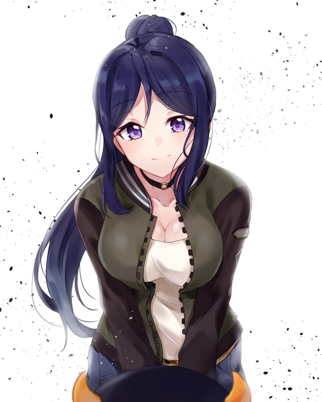 1girl, blue_eyes, blue_hair, breasts, cleavage, collar, collarbone, female_focus