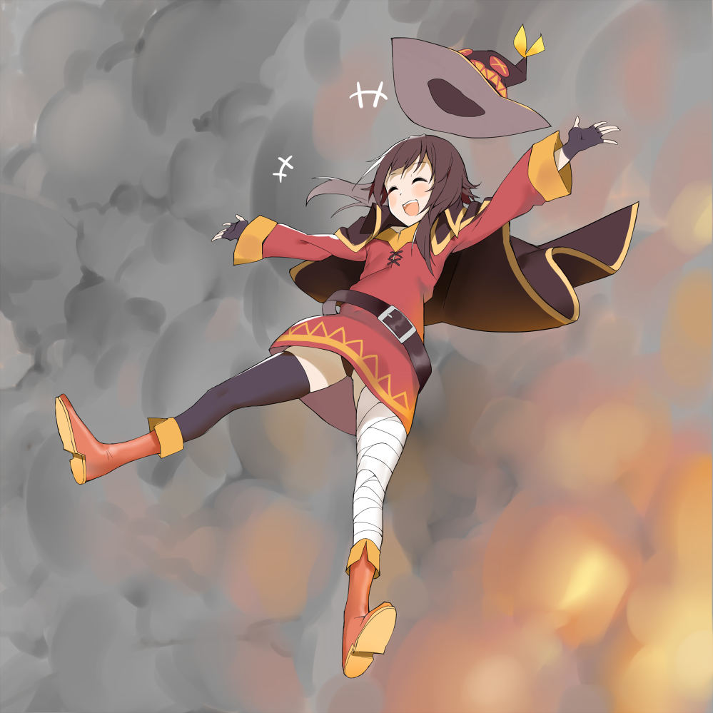 +++, 1girl, ^_^, bandaged_leg, bandages, belt, black_belt, black_panties, blush, boots, brown_hair, cape, cirnocchi, closed_eyes, commentary, dress, explosion, female_focus, fingerless_gloves, fog, full_body, gloves, happy, hat, kono_subarashii_sekai_ni_shukufuku_wo!, laughing, legs, long_sleeves, megumin, open_mouth, orange_boots, outstretched_arms, panties, panty_peek, pantyshot, short_dress, short_hair, single_thighhigh, smoke, solo, spread_arms, teeth, thighhighs, underwear, witch_hat