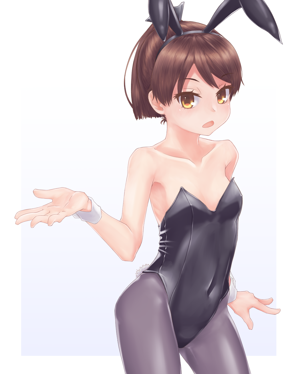 1girl, alternate_costume, animal_ears, armpits, black_leotard, brown_eyes, brown_hair, covered_navel, fake_animal_ears, female_focus, flat_chest, grey_pantyhose, highres, kantai_collection, leotard, looking_at_viewer, ohaduke, pantyhose, playboy_bunny, ponytail, rabbit_ears, rabbit_tail, shikinami_(kancolle), simple_background, solo, strapless, strapless_leotard, tail, white_background, wrist_cuffs