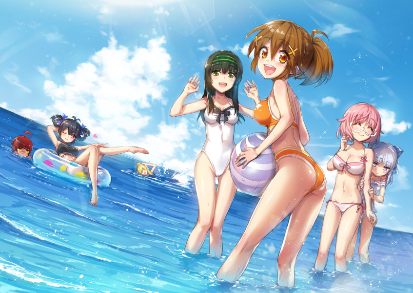 6+girls, :d, ;), ^_^, ahoge, akesaka_serina, ass, beach