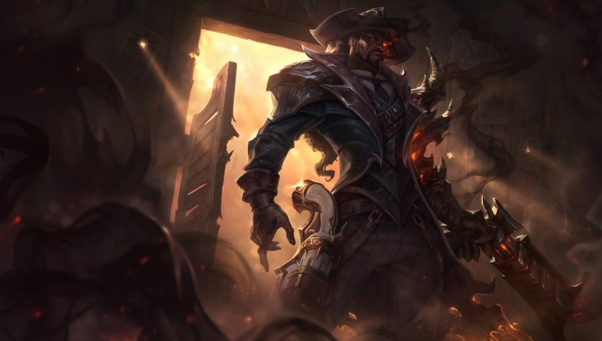 1boy, badge, cowboy, dark_skin, gloves, hat, high_noon_lucian, league_of_legends, lucian_(league_of_legends), official_art, cowboy_western