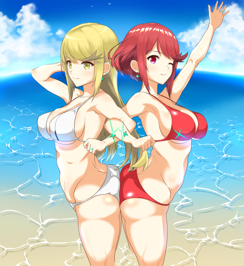 2girls, artist_request, ass, ass-to-ass, ass_press, bad_id, bad_pixiv_id, beach, bikini, blonde_hair, breasts, butt_crack, cloud, dolling60883582, dollinger, earrings, glowing, hair_ornament, headpiece, highres, jewelry, large_breasts, long_hair, multiple_girls, mythra_(xenoblade), nintendo, ocean, one_eye_closed, pyra_(xenoblade), red_eyes, red_hair, short_hair, sky, smile, swept_bangs, swimsuit, tiara, very_long_hair, water, xenoblade_chronicles_(series), xenoblade_chronicles_2, yellow_eyes