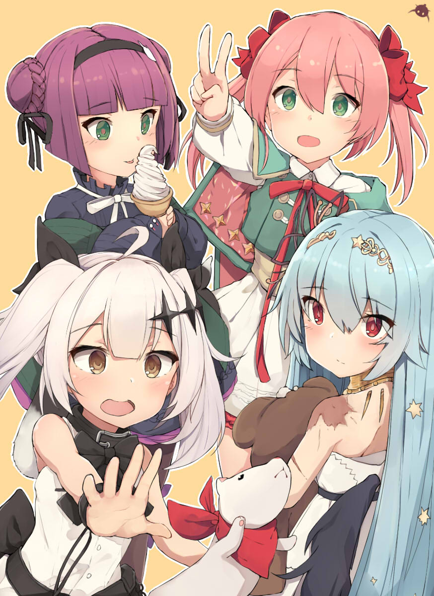 4girls, aged_down, blue_hair, carcano_m1891_(girls'_frontline), carcano_m1891_(little_brave_cano)_(girls'_frontline), carcano_m91/38_(girls'_frontline), carcano_m91/38_(miss_pinocchio)_(girls'_frontline), dress