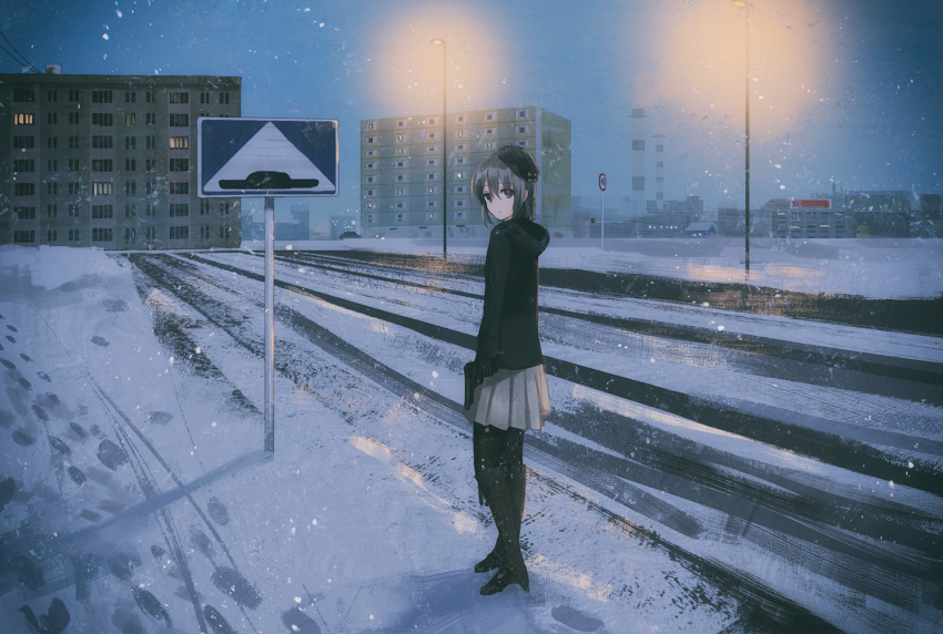 1girl, apartment, black_boots, black_jacket, black_pantyhose, boots, braid, brown_eyes