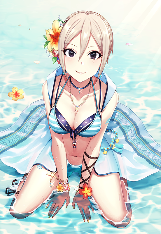 1girl, armband, bare_shoulders, bikini, black_eyes, blue_bikini, blush, bracelet