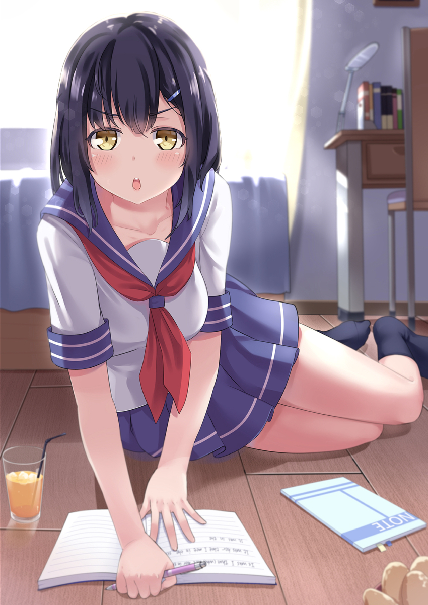 1girl, arm_support, black_footwear, black_hair, blue_skirt, blue_socks, blurry, blurry_background