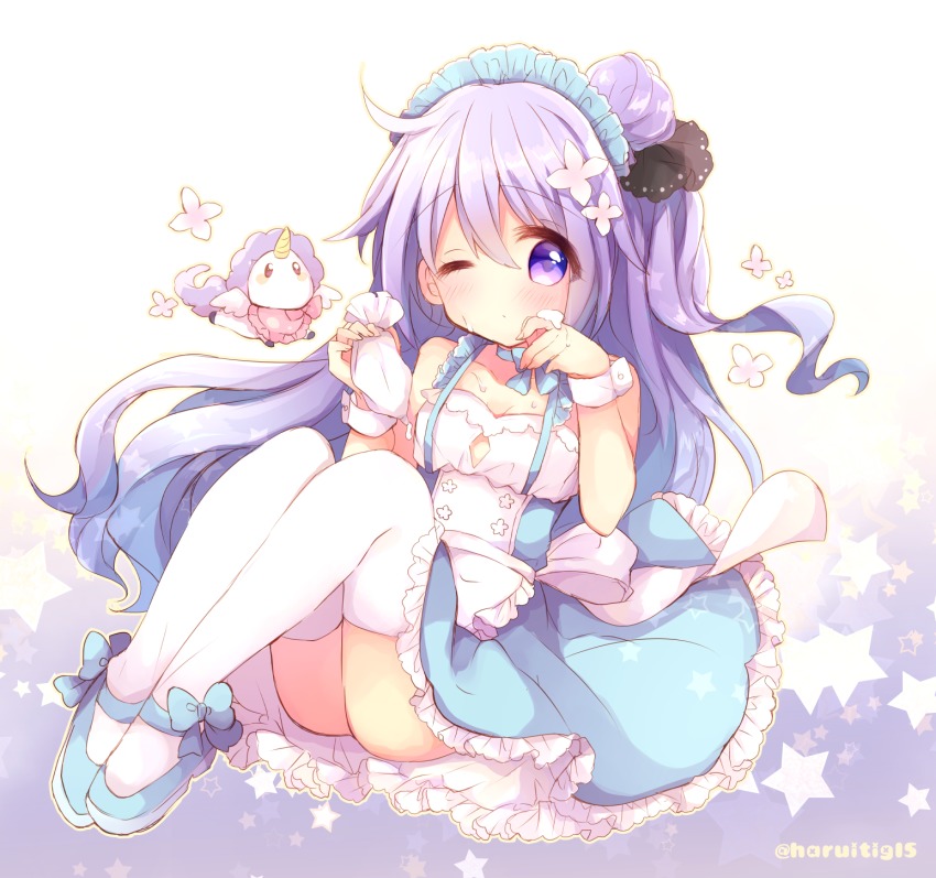 1girl, azur_lane, bare_shoulders, black_ribbon, blue_bow, blue_dress, blue_shoes, blush