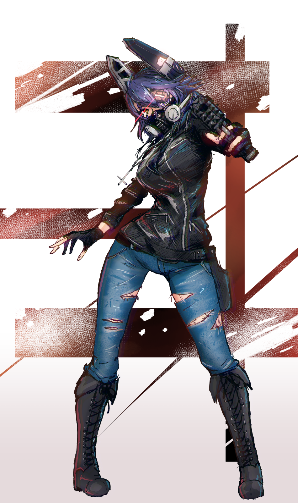 1girl, belt, black_jacket, boots, denim, eyepatch, female_focus, fingerless_gloves