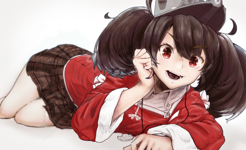1girl, absurdres, bare_legs, brown_hair, brown_skirt, commentary_request, fangs, female_focus, hand_on_own_head, headgear, highres, huge_filesize, japanese_clothes, kantai_collection, kariginu, leaning, legs, long_hair, looking_at_viewer, lying, on_side, open_mouth, red_eyes, red_shirt, ryuujou_(kancolle), shirt, skin_fangs, skirt, smile, solo, teeth, tongue, twintails, uzi_346, visor_cap, white_background