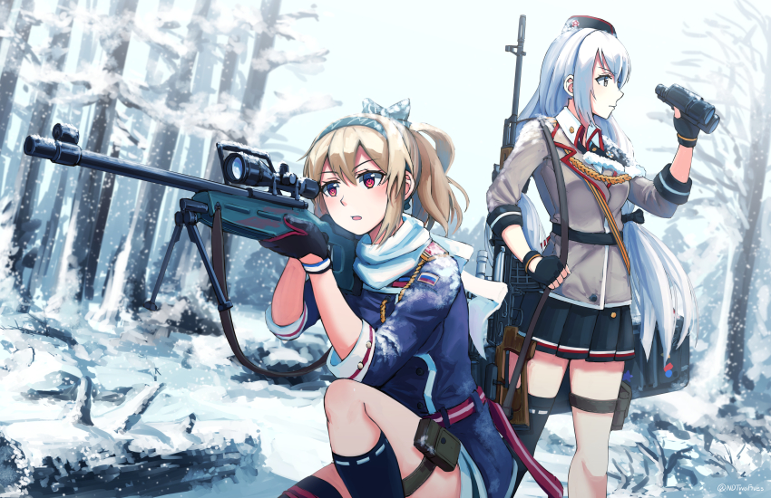 2girls, binoculars, blonde_hair, bolt_action, bow, commentary, dragunov_svd, fingerless_gloves