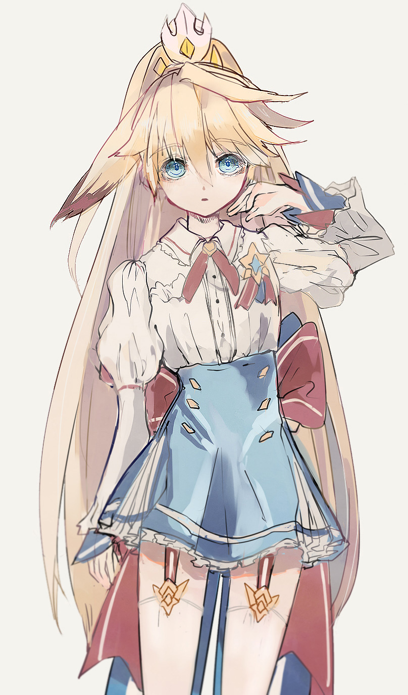 1boy, aqua_eyes, blonde_hair, blouse, blue_skirt, buttons, chung_seiker, collared_shirt, comet_crusader_(elsword), crossdressing, crossdressing_(mtf), elsword, garter_straps, hair_between_eyes, highres, juliet_sleeves, kurayuki0404, long_hair, long_sleeves, male_focus, open_mouth, ponytail, puffy_sleeves, shirt, simple_background, skirt, solo, thighhighs, trap, very_long_hair, white_thighhighs