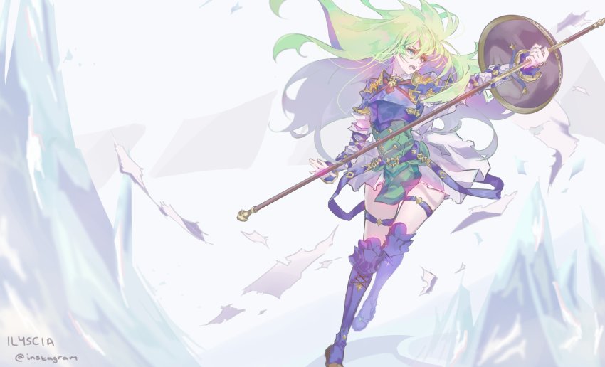 1girl, absurdres, armor, artist_name, belt, blue_armor, blue_eyes, boots, breastplate, commission, detached_sleeves, female_focus, fire_emblem, fire_emblem:_path_of_radiance, fire_emblem_heroes, green_hair, highres, holding, holding_polearm, holding_weapon, ilyscia, knee_boots, long_hair, nephenee_(fire_emblem), nintendo, open_mouth, polearm, shield, skirt, solo, thigh_strap, weapon