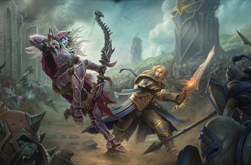 1boy, 1girl, anduin_wrynn, armor, army, arrow_(projectile), battle, blonde_hair