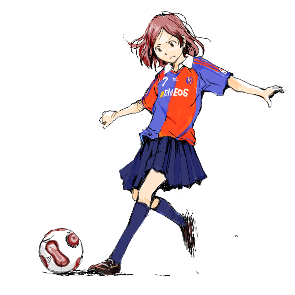 1girl, 2006_fifa_world_cup, bad_id, bad_pixiv_id, ball, brown_hair, clothes_writing, fc_tokyo