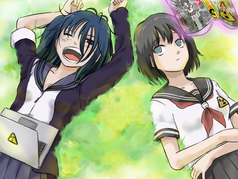 2girls, arms_up, asymmetrical_clothes, blue_eyes, blue_hair, clenched_hands, computer, coppelion