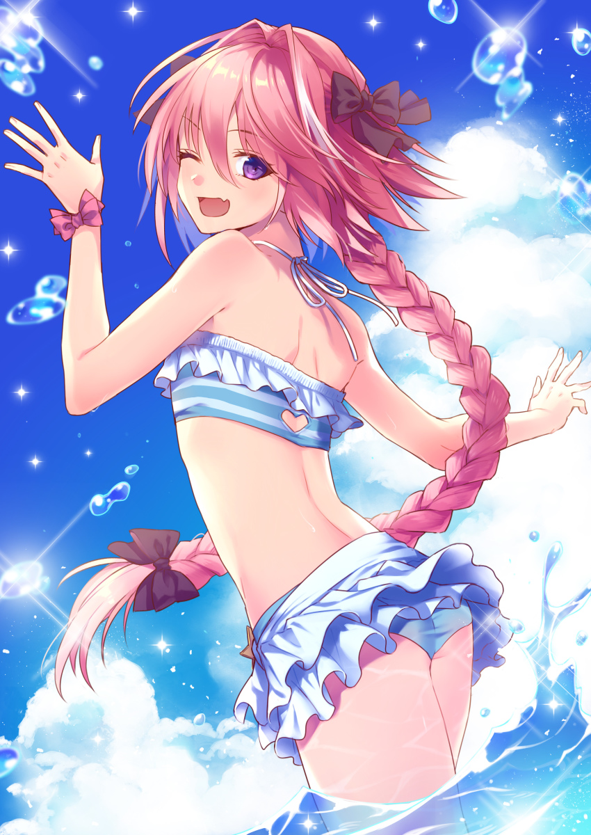 1boy, ;d, absurdres, arm_up, ass, astolfo_(fate), astolfo_(sparkling_frills)_(fate), back