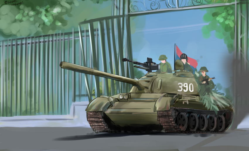 3boys, ak-47, assault_rifle, bad_id, bad_pixiv_id, caterpillar_tracks, cloud, day