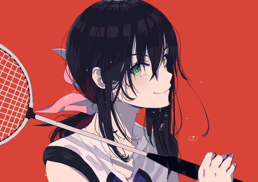 10s, 1girl, absurdres, badminton, badminton_racket, black_hair, female_focus, green_eyes