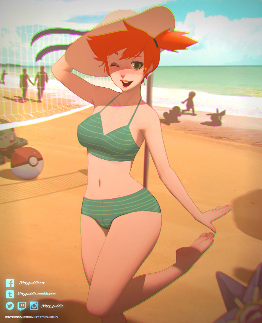 arm_above_head, beach, bikini, breasts, bulbasaur, chromatic_aberration, cloud, day