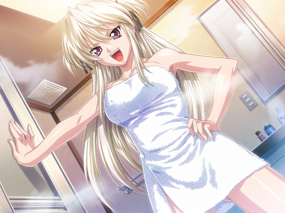1girl, bathroom, blonde_hair, breasts, cleavage, dutch_angle, female_focus, game_cg, hand_on_own_hip, happy_princess, hip_focus, impossible_towel, large_breasts, long_hair, naked_towel, nikita_martemiyanov, non-web_source, purple_eyes, red_eyes, short_twintails, solo, towel, twintails, two_side_up, yokota_mamoru