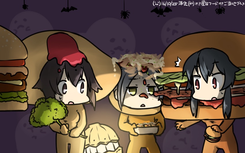 3girls, ^^^, alternate_costume, bat_(animal), black_hair, broccoli, brown_eyes, burger, burger_costume, commentary_request, dated, food, ghost, green_eyes, hair_ornament, hairclip, halloween, hamu_koutarou, hayasui_(kancolle), highres, holding, holding_food, jitome, kantai_collection, kuroshio_(kancolle), multiple_girls, omelet, omelet_costume, omurice, short_hair, sidelocks, sweat, takoyaki, takoyaki_costume, yahagi_(kancolle)