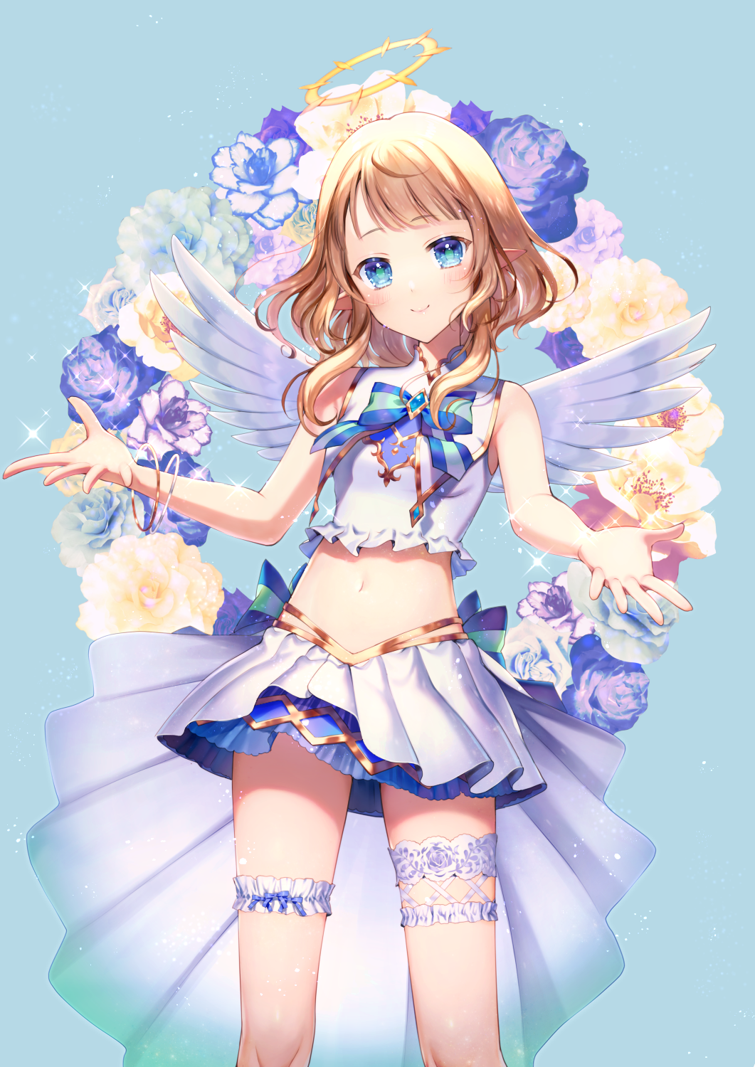 1girl, angel, angel_wings, bare_arms, bare_shoulders, blue_background, blue_eyes, blue_flower, blue_rose, blush, closed_mouth, commentary_request, crop_top, feathered_wings, female_focus, flower, frilled_thigh_strap, halo, head_tilt, highres, light_brown_hair, long_hair, midriff, momoshiki_tsubaki, navel, pleated_skirt, purple_flower, rose, shiotenshi_channel, shiotenshi_riel, shirt, skirt, sleeveless, sleeveless_shirt, smile, solo, thigh_strap, virtual_youtuber, white_flower, white_shirt, white_skirt, white_wings, wings