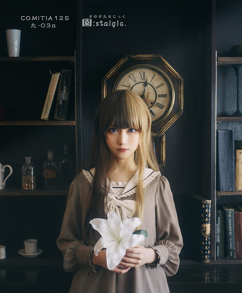 1girl, blue_eyes, blunt_bangs, book, bookshelf, bottle, bow, bowtie, brown_dress, brown_hair, clock, cup, dress, female_focus, flower, holding, holding_flower, indoors, light_smile, lily_(flower), lips, lipstick, long_hair, long_sleeves, looking_at_viewer, makeup, original, own_hands_clasped, own_hands_together, realistic, red_lips, rokuri-eva, sailor_collar, solo, standing, sunlight, texture, upper_body