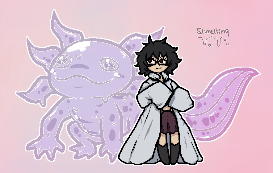 1girl, black-framed_eyewear, black_clover, black_hair, boots, cloak, clothing_cutout, female_focus, gel, glasses, hip_vent, pink_background, puffy_cheeks, red_eyes, salamander, sally_(black_clover), semi-rimless_eyewear, short_hair, shorts, slimelting, solo, under-rim_eyewear, white_cloak