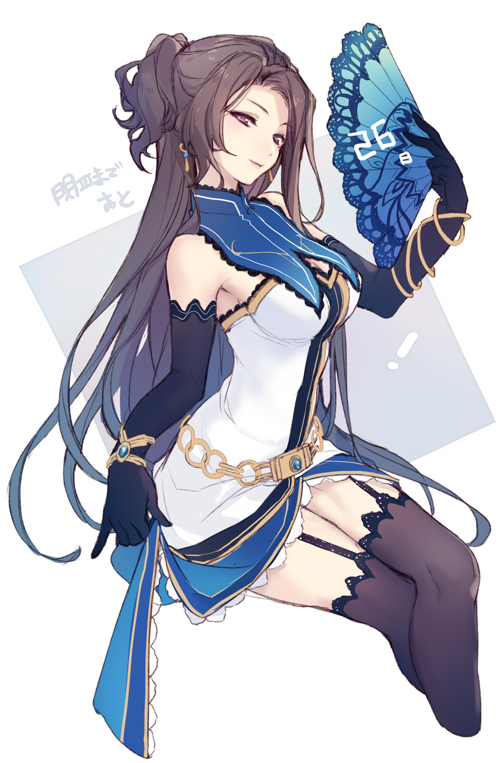 1girl, achan_(blue_semi), animal_print, asymmetrical_bangs, black_gloves, black_thighhighs, blue_background, bracelet