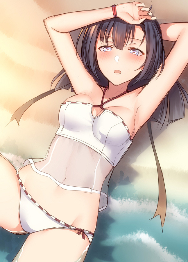 1girl, akizuki_(kancolle), akizuki_(swimsuit)_(kancolle), alternate_costume, arm_behind_head, armpits, arms_up, bad_id