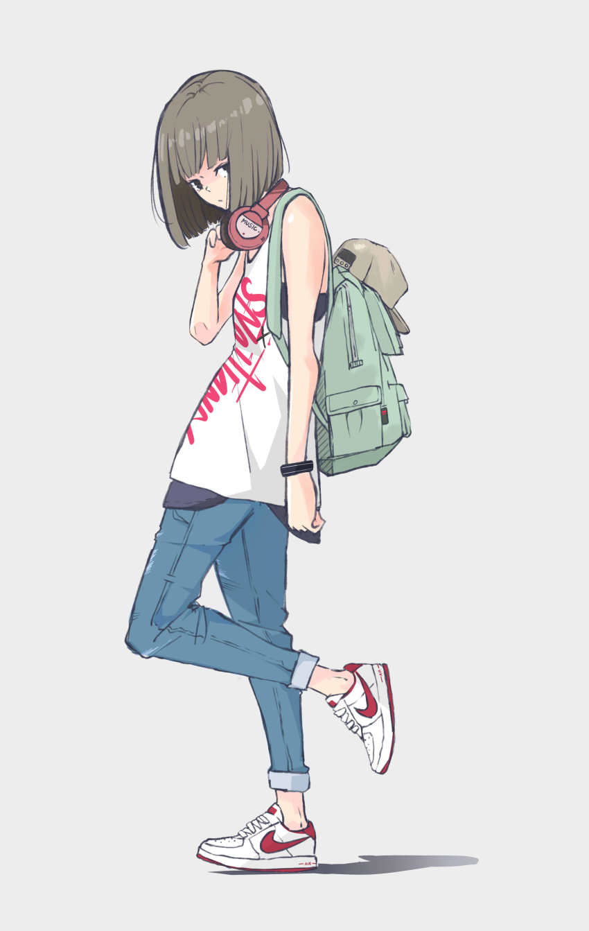 1girl, absurdres, arm_at_side, backpack, bag, baseball_cap, black_eyes, blouse