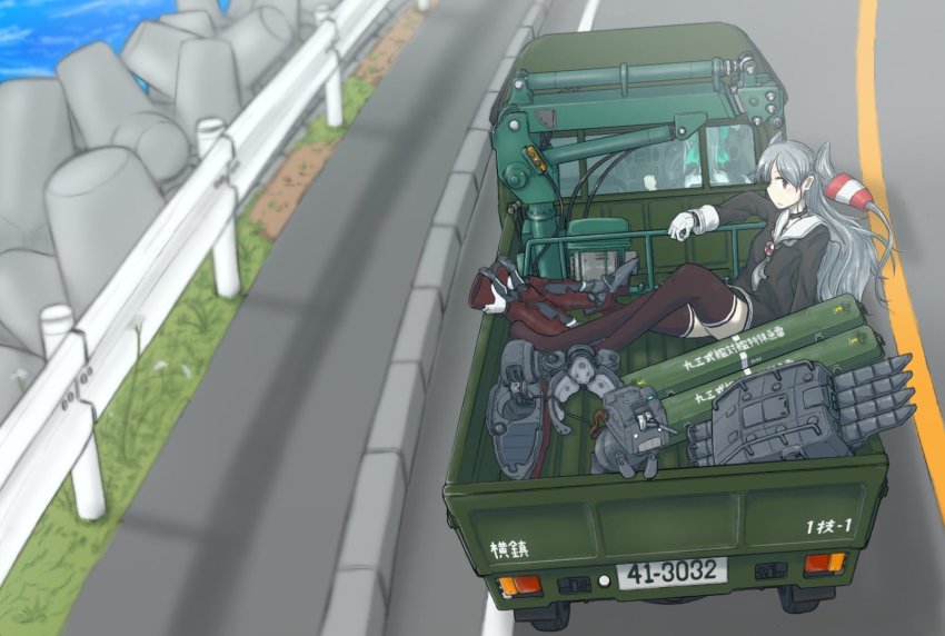 2girls, amatsukaze_(kancolle), boots, choker, commentary, commentary_request, driving, from_above