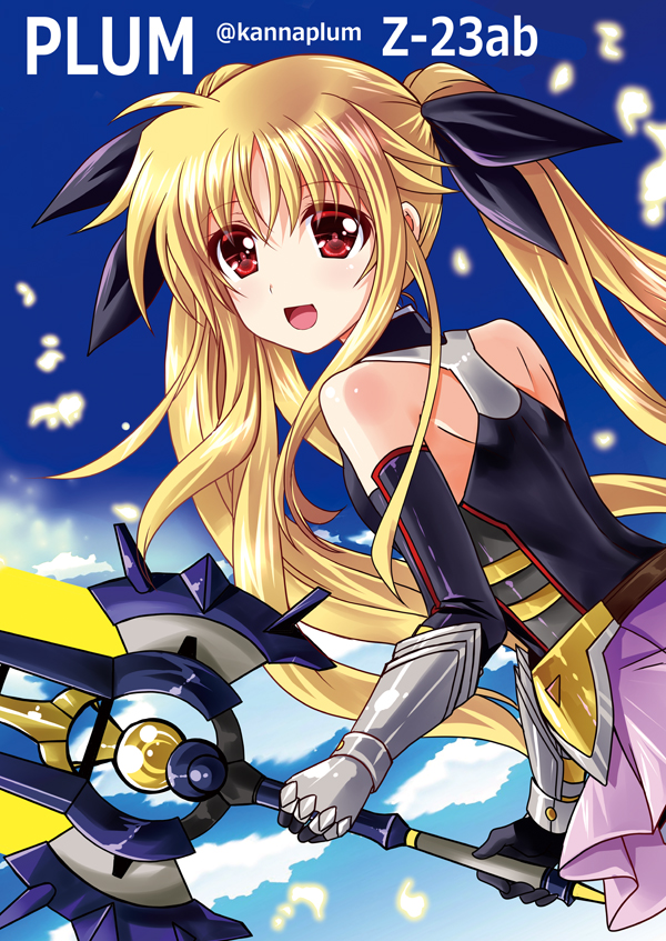 1girl, :d, bardiche_(nanoha), bardiche_(straight_saber_form)_(nanoha), black_ribbon, blonde_hair, blue_background, detached_sleeves