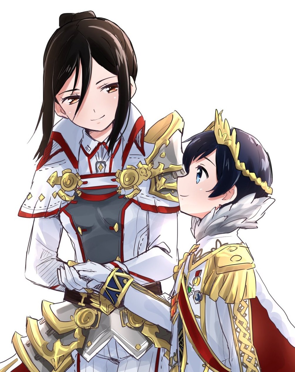 1boy, 1girl, bad_id, bad_pixiv_id, blue_eyes, collarbone, cousins, gloves