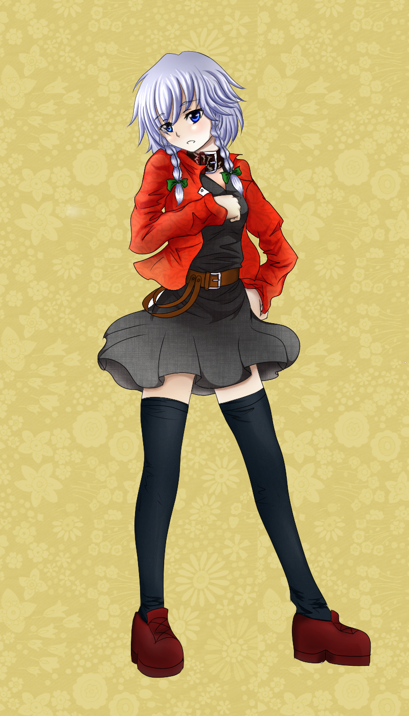 1girl, bad_id, bad_pixiv_id, braid, casual, collar, female_focus, highres, itiu, izayoi_sakuya, short_hair, silver_hair, solo, thighhighs, touhou, twin_braids, zettai_ryouiki