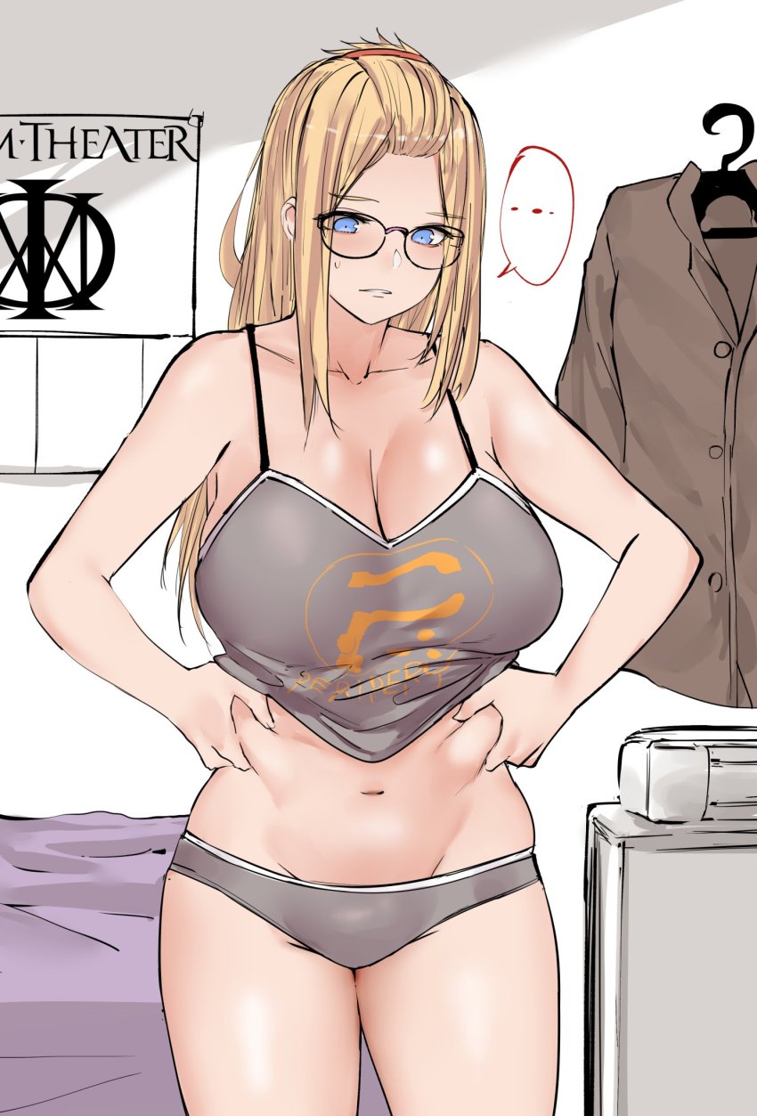 ..., 1girl, bangs_pinned_back, bare_shoulders, bed, bed_sheet, belly_grab, blonde_hair