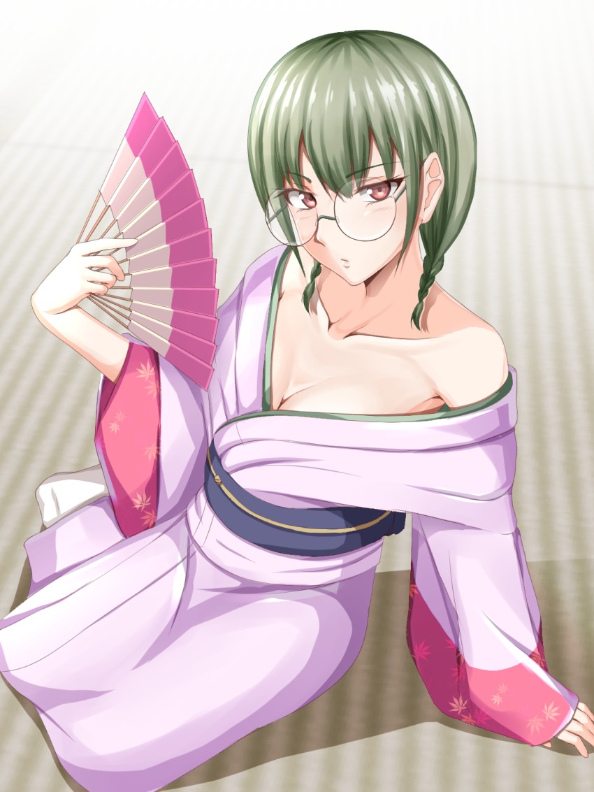 10s, 1girl, blush, braid, breasts, brown_hair, cleavage, collarbone, female_focus, folding_fan, full_body, glasses, green_hair, hand_fan, highres, holding, holding_fan, japanese_clothes, kimono, kinokuni_nene, long_sleeves, looking_at_viewer, medium_hair, obi, purple_kimono, sash, shaito, shokugeki_no_souma, sitting, solo, twin_braids, wide_sleeves, yokozuwari
