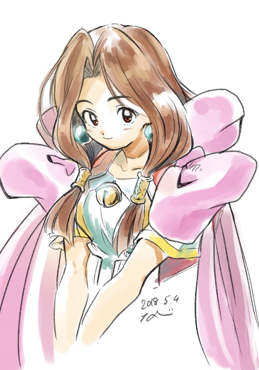 1girl, breasts, brown_eyes, brown_hair, commentary_request, dated, dress, female_focus