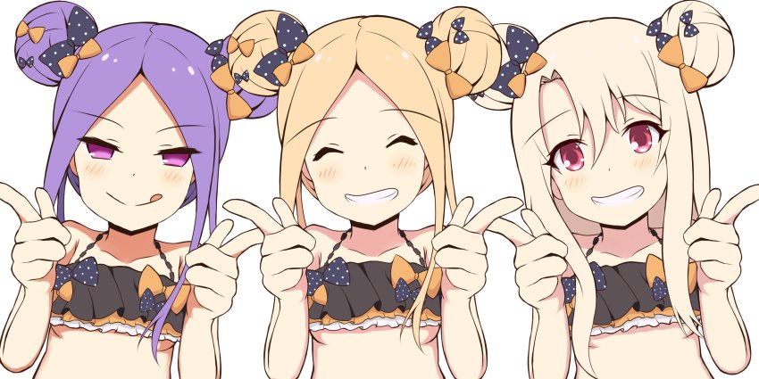 3girls, :q, ^_^, abigail_williams_(fate), abigail_williams_(fate)_(cosplay), absurdres, alternate_costume, alternate_hairstyle